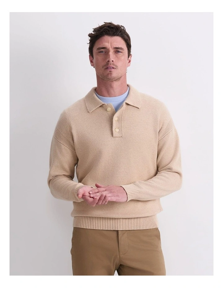 Long Sleeve Knit Polo in String image 4