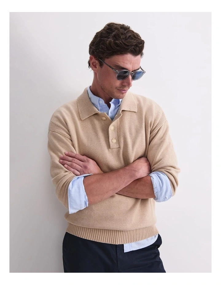 Long Sleeve Knit Polo in String image 5