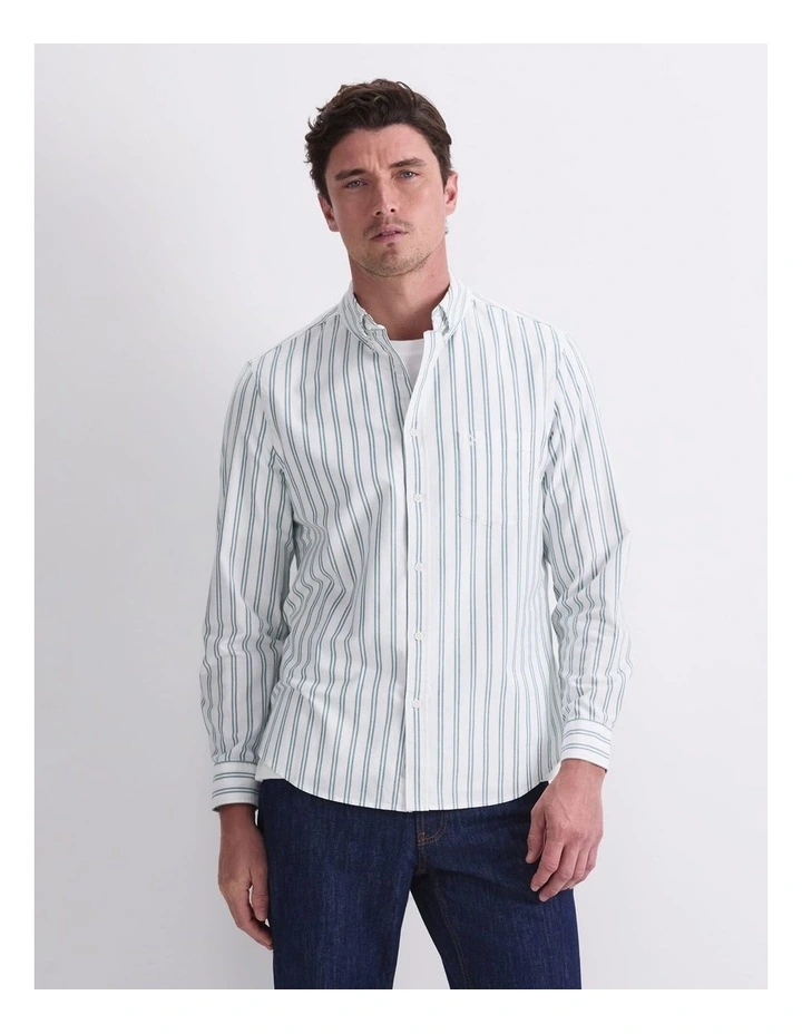 Oxford Long Sleeve Stripe Shirt in Green/White image 1