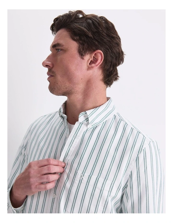 Oxford Long Sleeve Stripe Shirt in Green/White image 5
