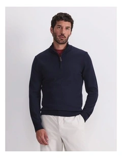 Merino Quarter Zip Knit Sweaters in Navy
