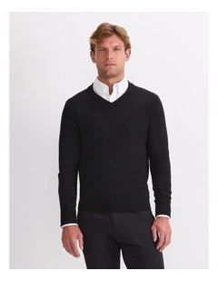 Merino V-Neck Knit Sweater in Black