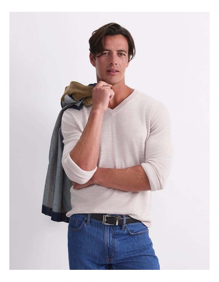 Merino V-Neck Knit in Beige image 3