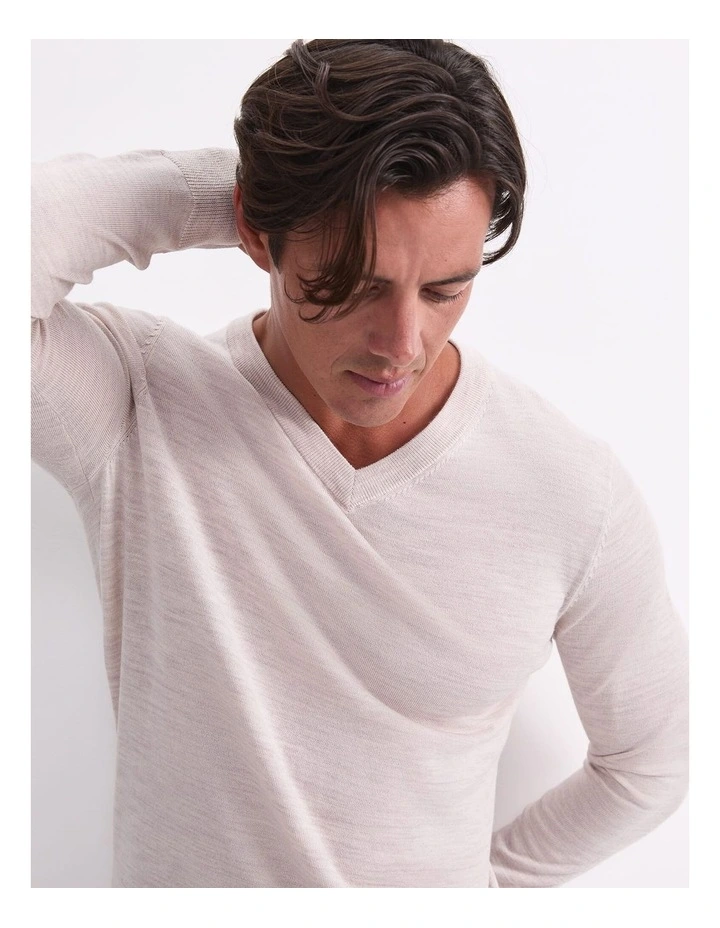 Merino V-Neck Knit in Beige image 4