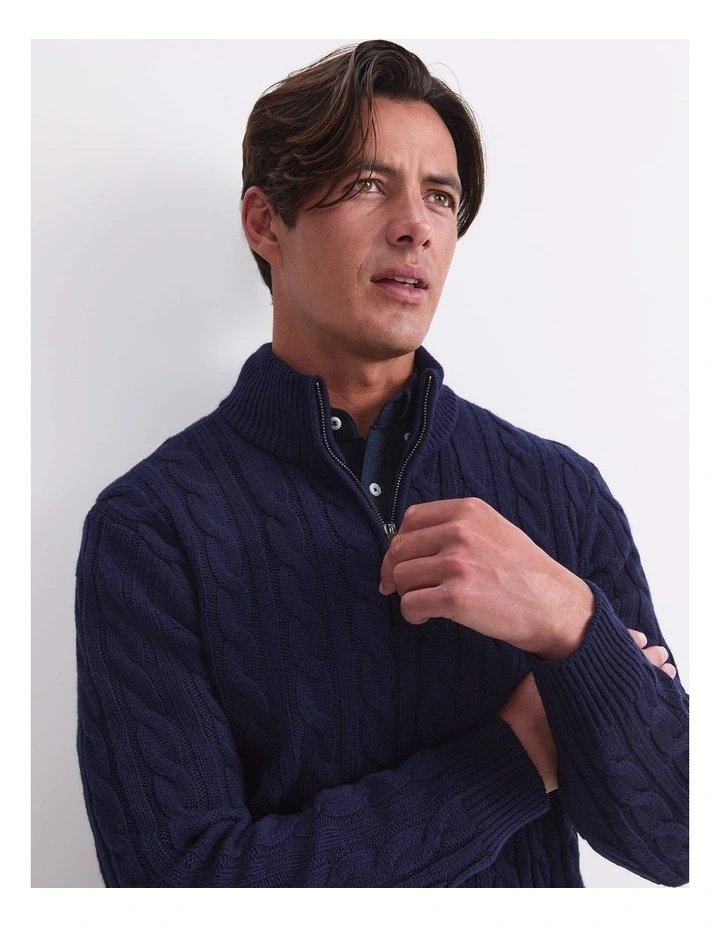 Cable Knit Quarter Zip T-shirt in Blue image 6
