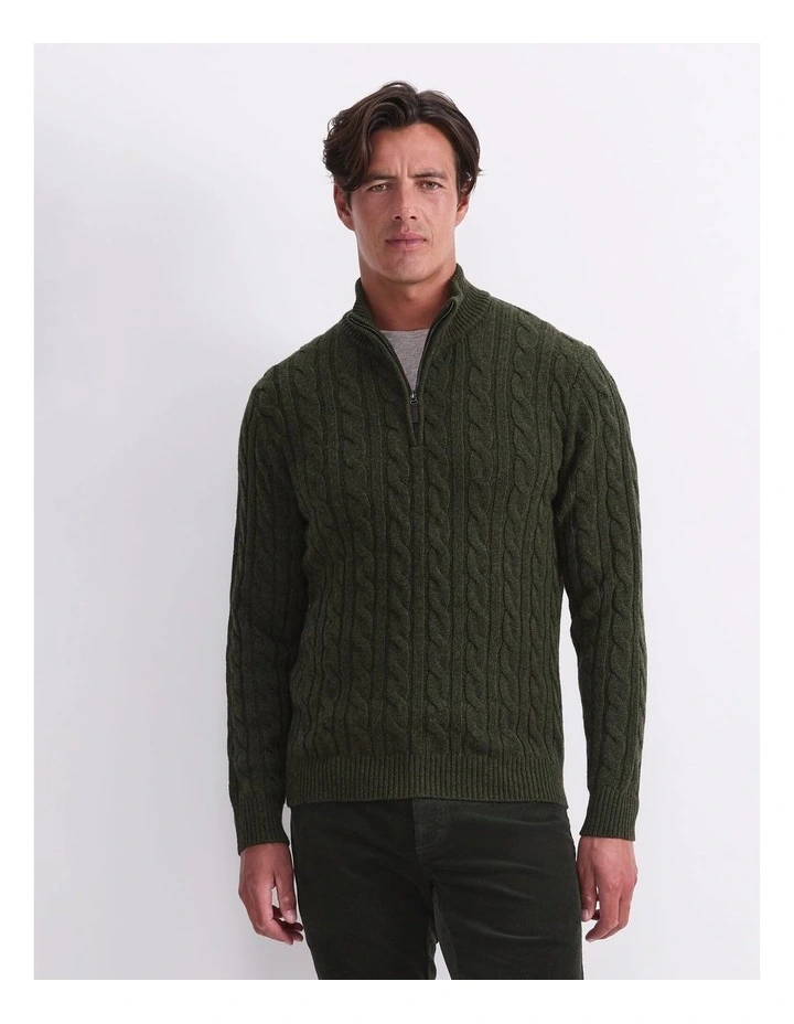 Cable Knit Quarter Zip T-shirt in Green image 1