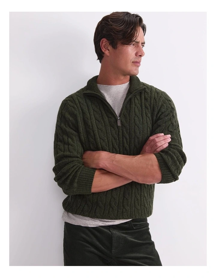Cable Knit Quarter Zip T-shirt in Green image 5