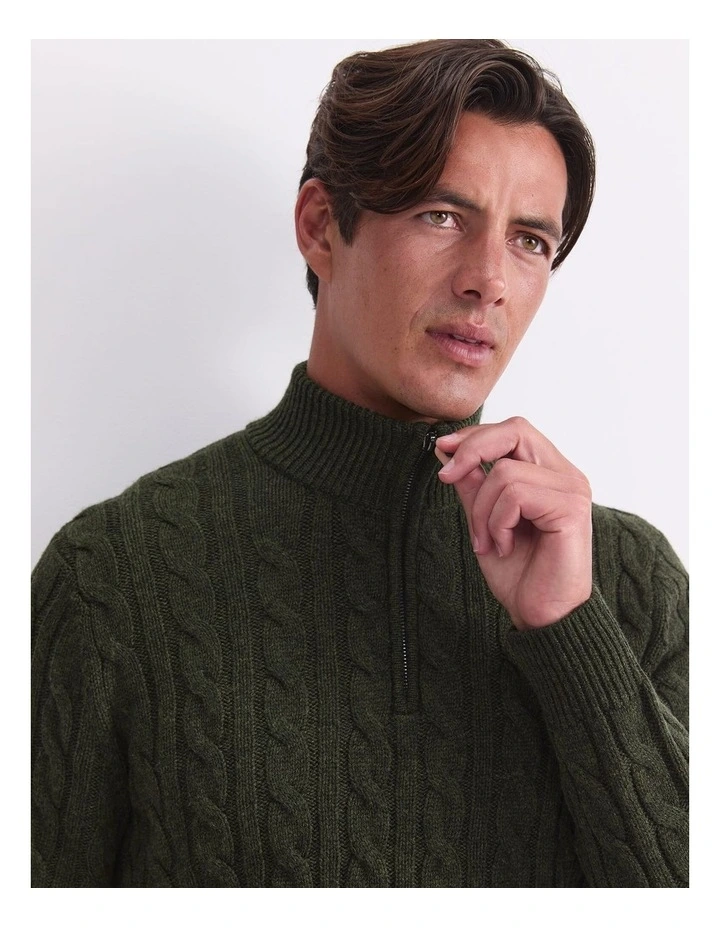 Cable Knit Quarter Zip T-shirt in Green image 6
