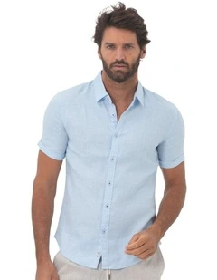 Summer Short Sleeve Linen Shirt in Blue
