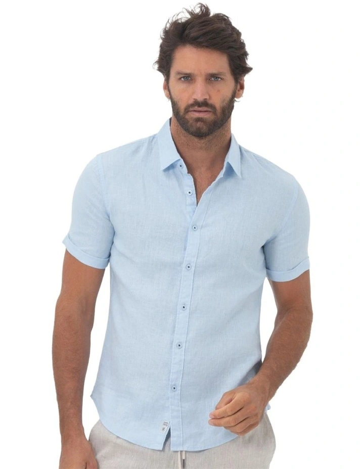 Summer Short Sleeve Linen Shirt in Blue image 1