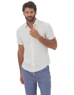 Short Sleeve Stripe Linen Shirt in Beach