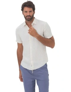 Short Sleeve Stripe Linen Shirt in Beach