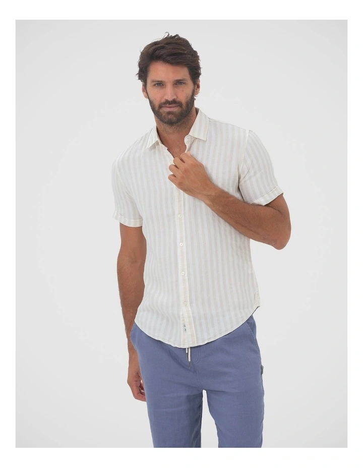 Short Sleeve Stripe Linen Shirt in Beach image 1