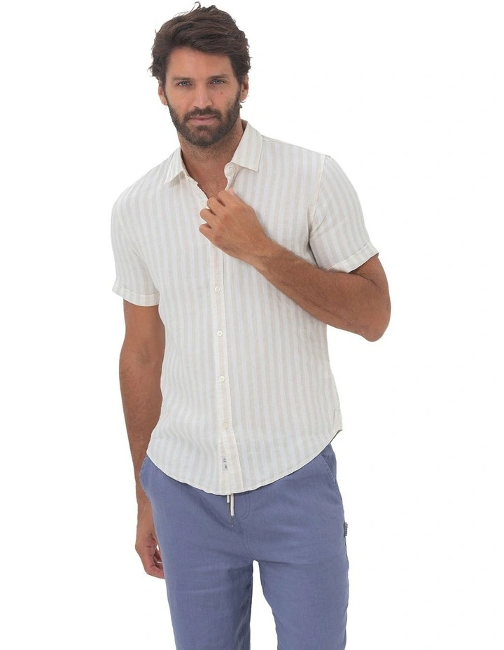 Short Sleeve Stripe Linen Shirt in Beach image 1