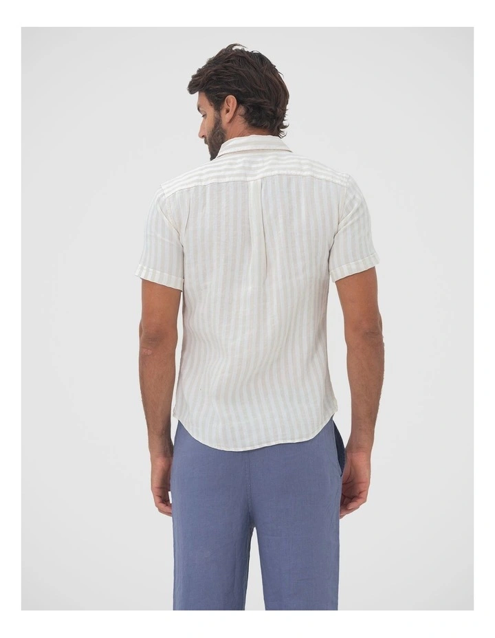 Short Sleeve Stripe Linen Shirt in Beach image 2
