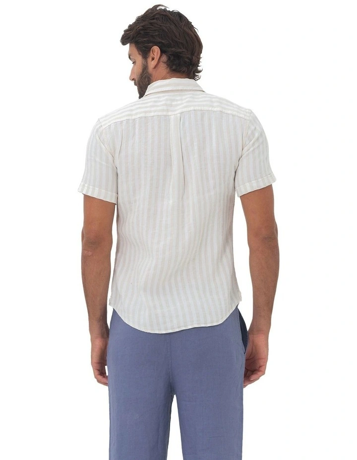 Short Sleeve Stripe Linen Shirt in Beach image 2