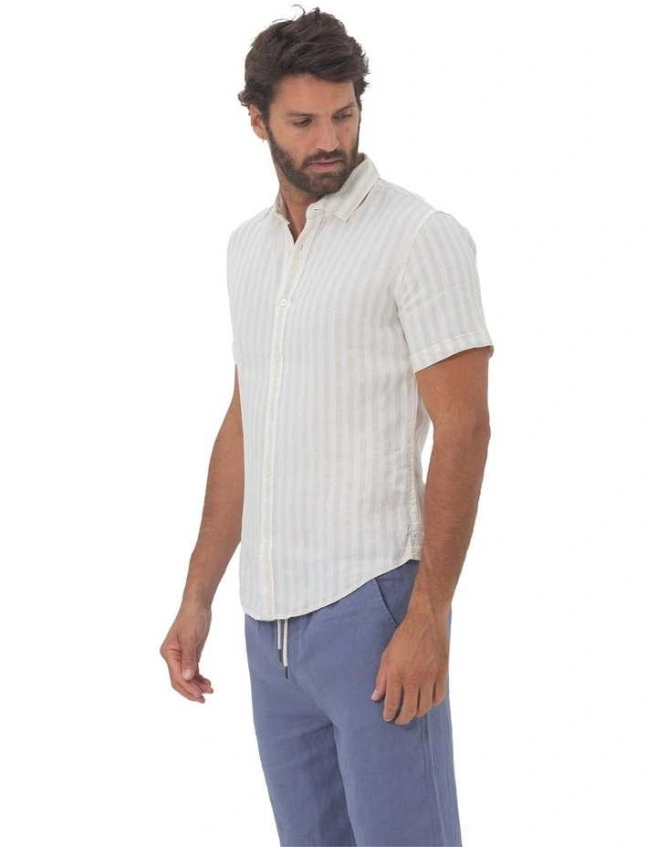 Short Sleeve Stripe Linen Shirt in Beach image 3