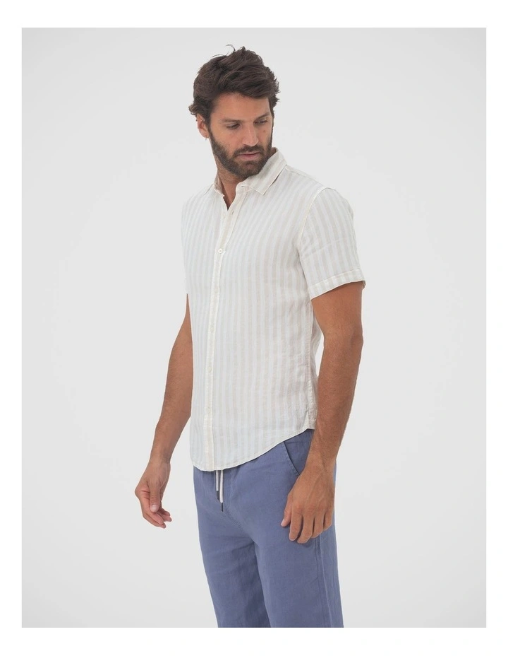 Short Sleeve Stripe Linen Shirt in Beach image 3