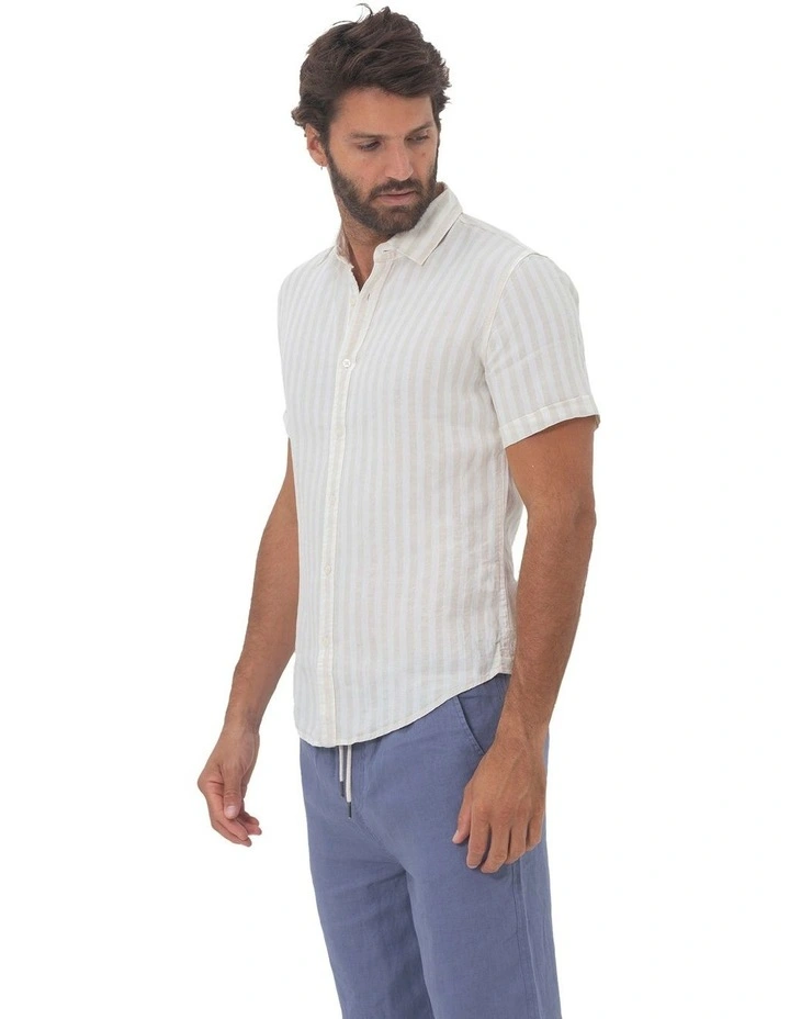 Short Sleeve Stripe Linen Shirt in Beach image 3