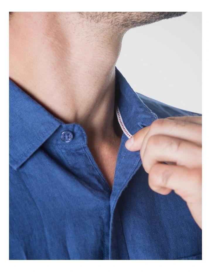 Short Sleeve Linen Shirt in Indigo Blue image 5