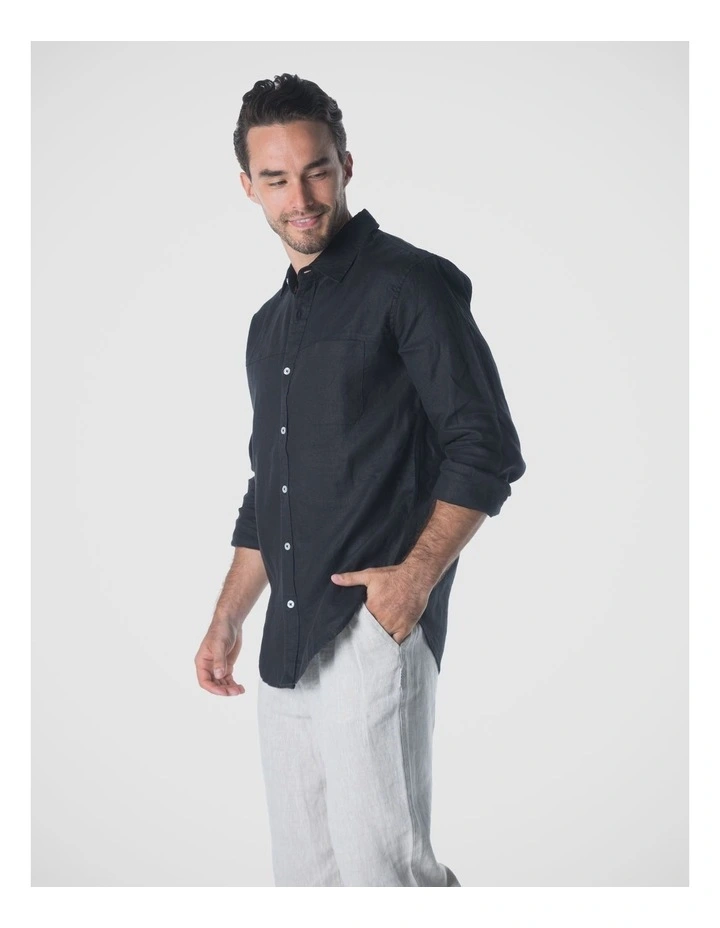 Milan Long Sleeve Linen Shirt - Black image 3