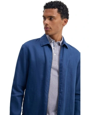Adem Linen Zip Bomber in Navy