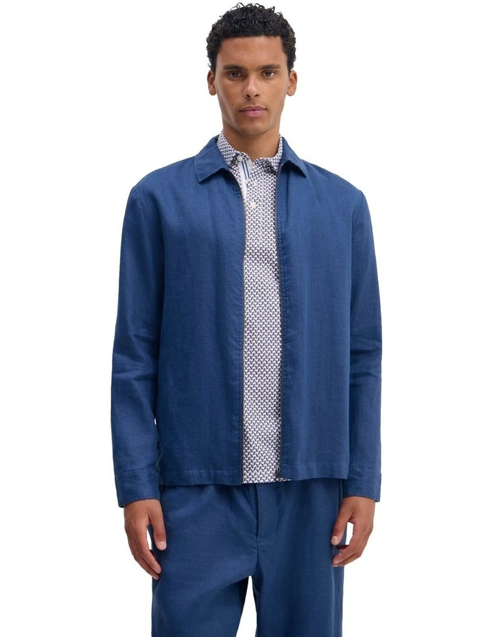 Adem Linen Zip Bomber in Navy image 5