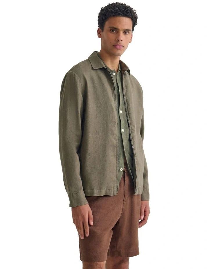 Adem Linen Zip Bomber in Olive image 3