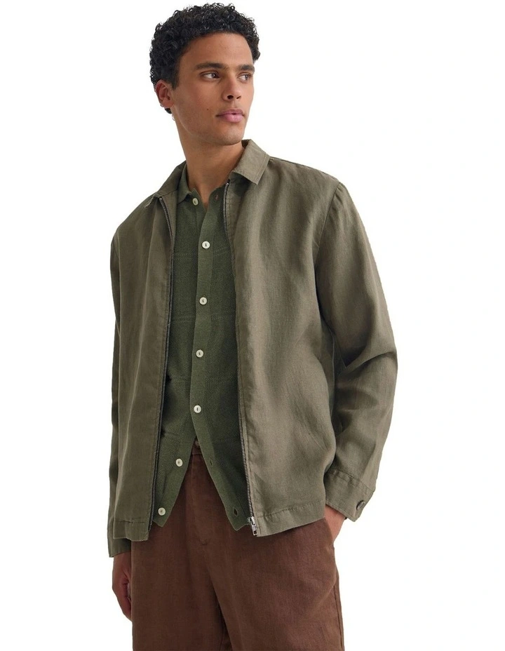 Adem Linen Zip Bomber in Olive image 4