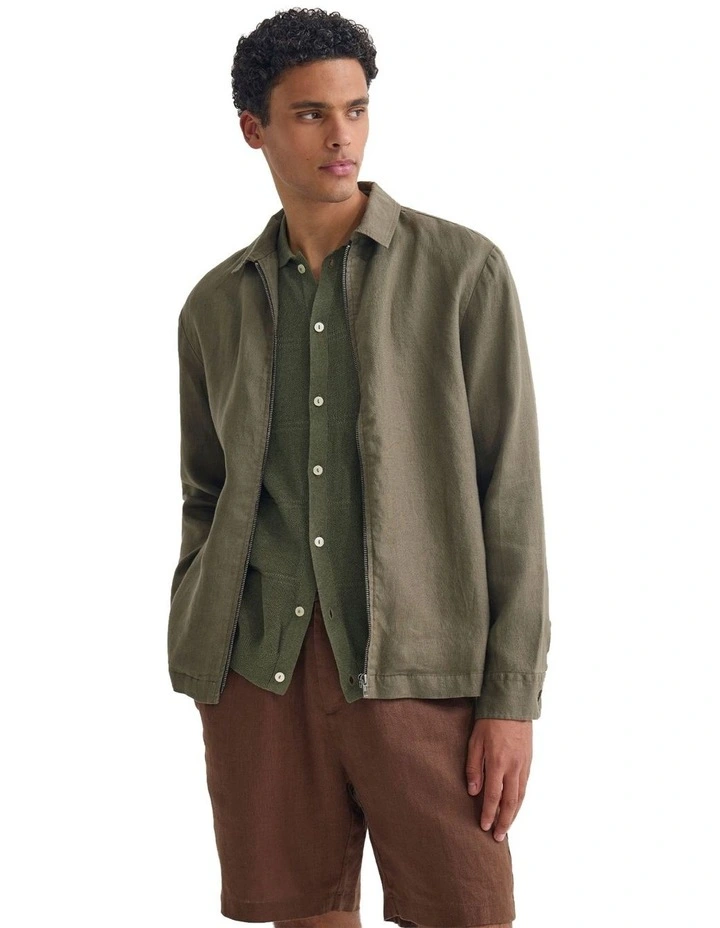 Adem Linen Zip Bomber in Olive image 5