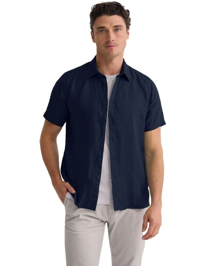 Leyton French Linen Short Sleeve Shirt in Deep Navy image 5