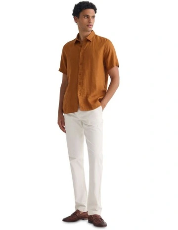 Leyton French Linen Short Sleeve Shirt in Rust