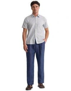 Leyton Short Sleeve Stripe Linen Shirt in Blue