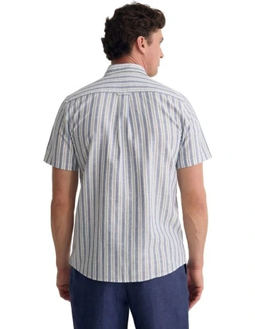 Leyton Short Sleeve Stripe Linen Shirt in Blue