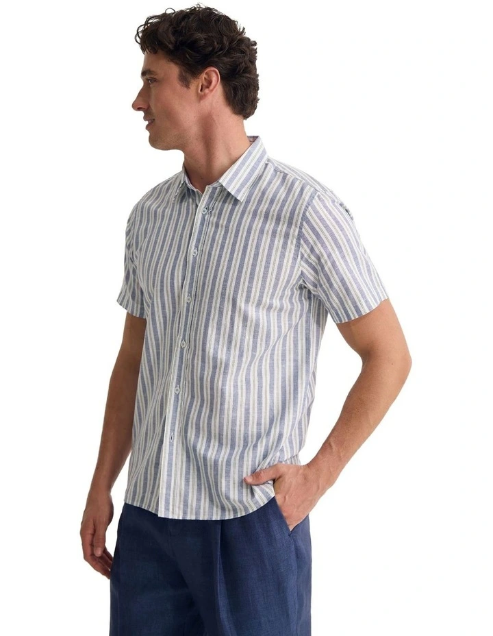 Leyton Short Sleeve Stripe Linen Shirt in Blue image 3