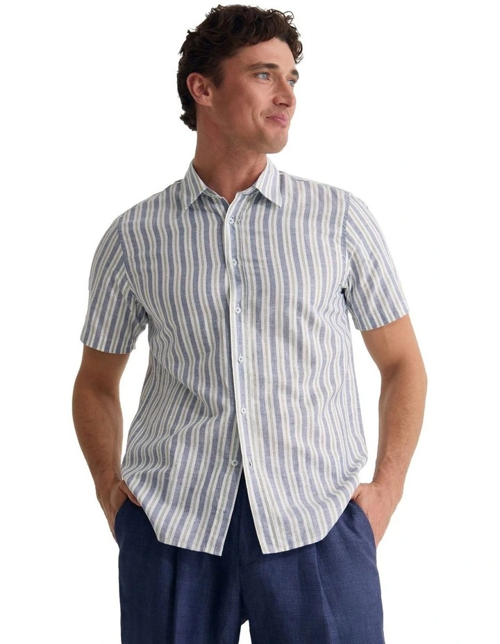 Leyton Short Sleeve Stripe Linen Shirt in Blue image 4