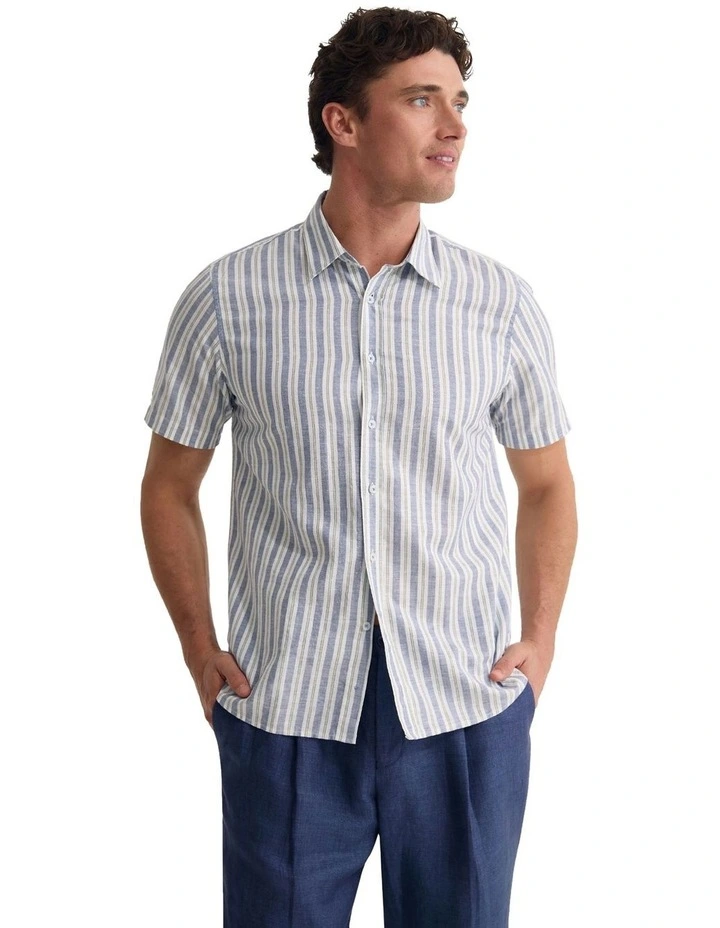 Leyton Short Sleeve Stripe Linen Shirt in Blue image 5