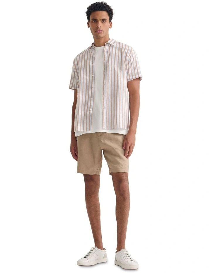 Leyton Short Sleeve Stripe Linen Shirt in Tan image 1