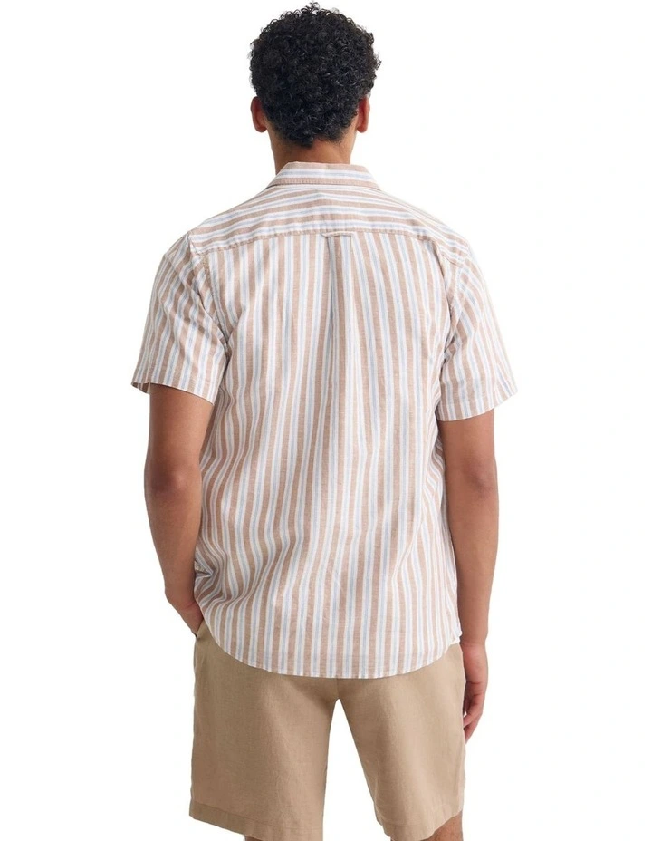 Leyton Short Sleeve Stripe Linen Shirt in Tan image 2