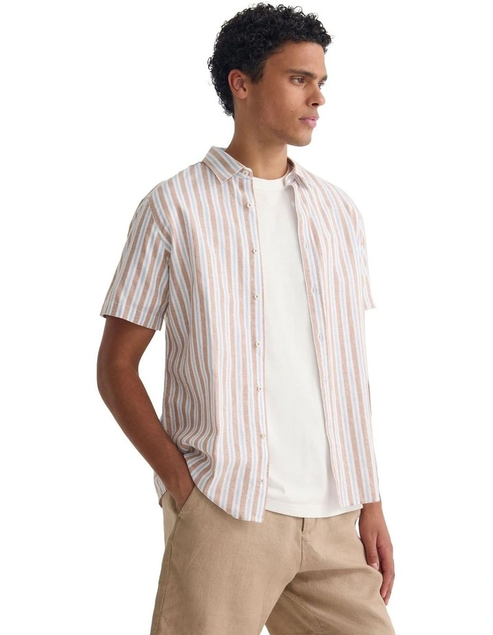 Leyton Short Sleeve Stripe Linen Shirt in Tan image 3