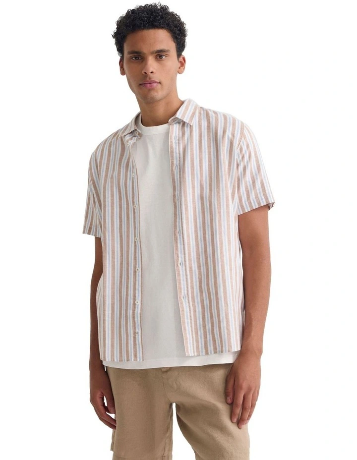 Leyton Short Sleeve Stripe Linen Shirt in Tan image 4