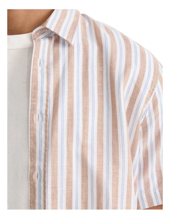 Leyton Short Sleeve Stripe Linen Shirt in Tan image 5
