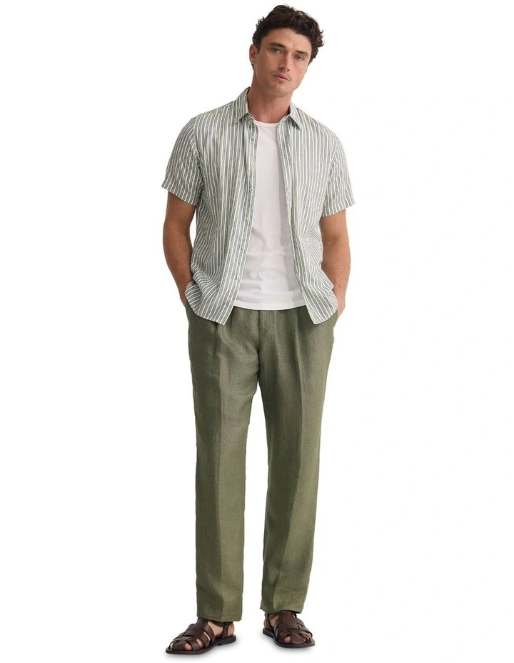Leyton Short Sleeve Stripe Linen Shirt in Sage Green image 1