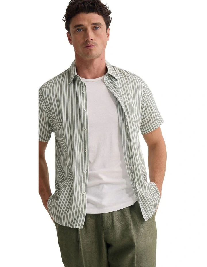 Leyton Short Sleeve Stripe Linen Shirt in Sage Green image 4