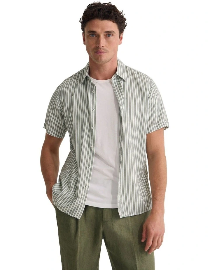 Leyton Short Sleeve Stripe Linen Shirt in Sage Green image 5