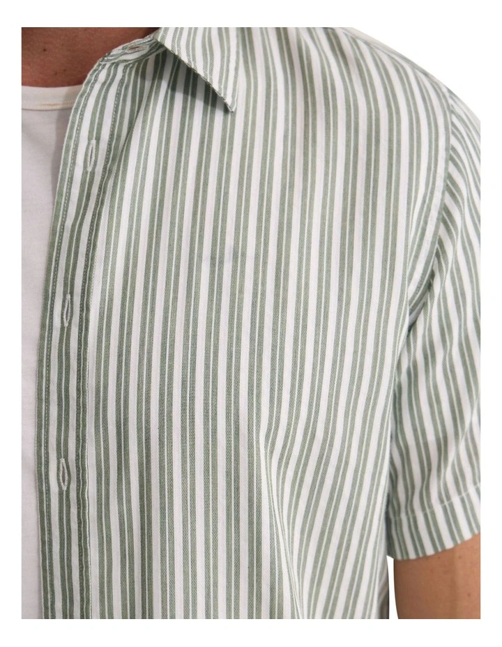 Leyton Short Sleeve Stripe Linen Shirt in Sage Green image 6