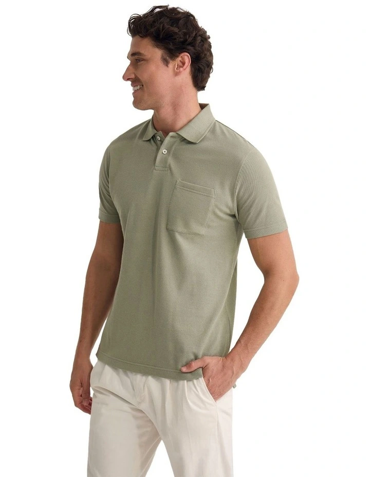 Theo Organic Cotton Pique Polo Shirt in Light Olive image 3