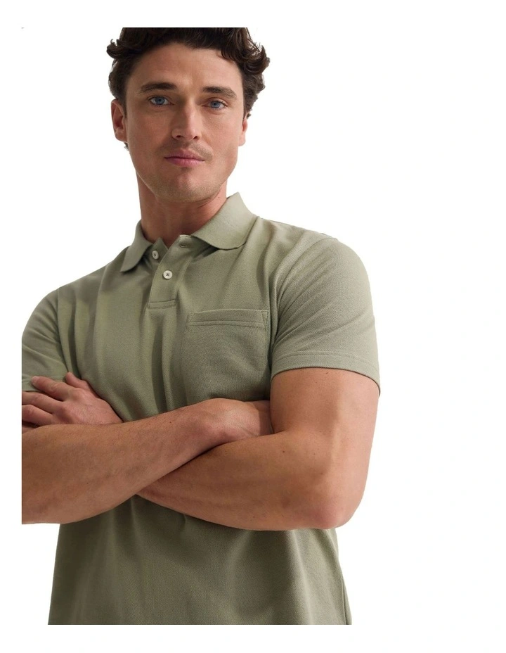 Theo Organic Cotton Pique Polo Shirt in Light Olive image 4