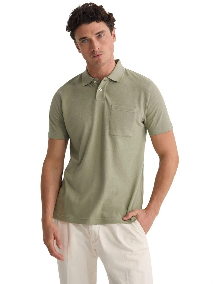 Theo Organic Cotton Pique Polo Shirt in Light Olive image 5