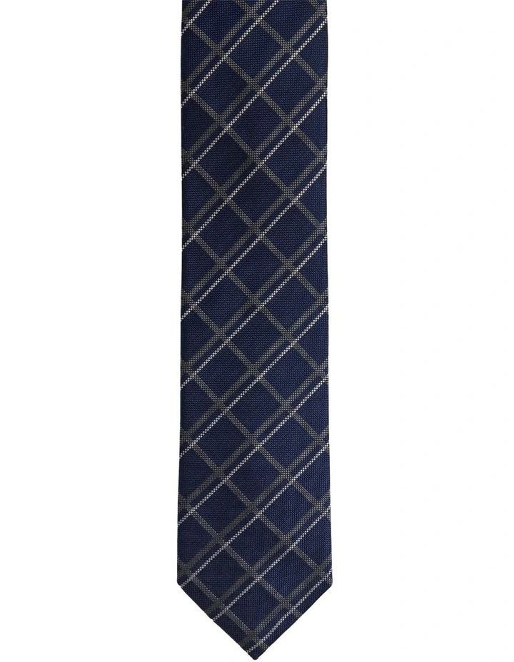 Malcolm Check Silk Tie 7cm in Navy image 1